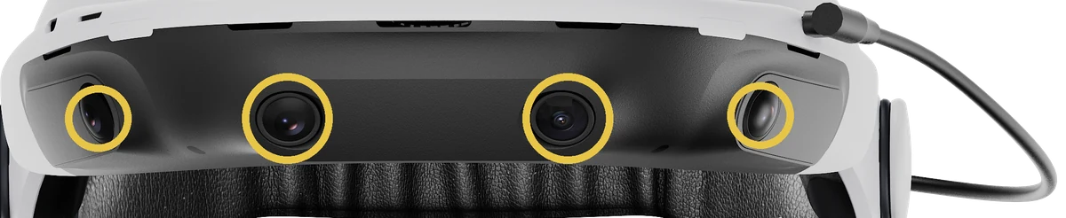 Four-camera configuration: the front pair and one camera per side ringed in amber