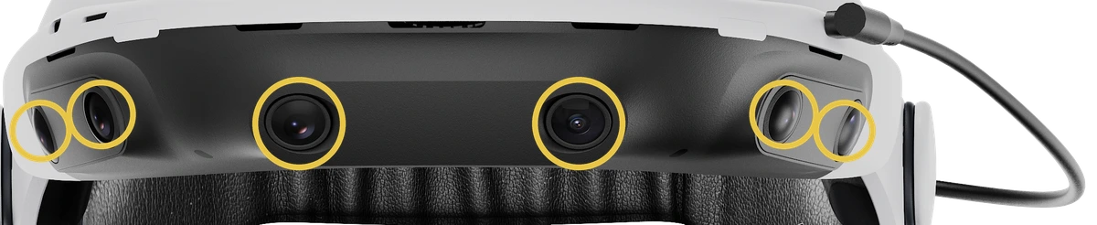 Six-camera configuration: the front pair and two cameras per side ringed in amber