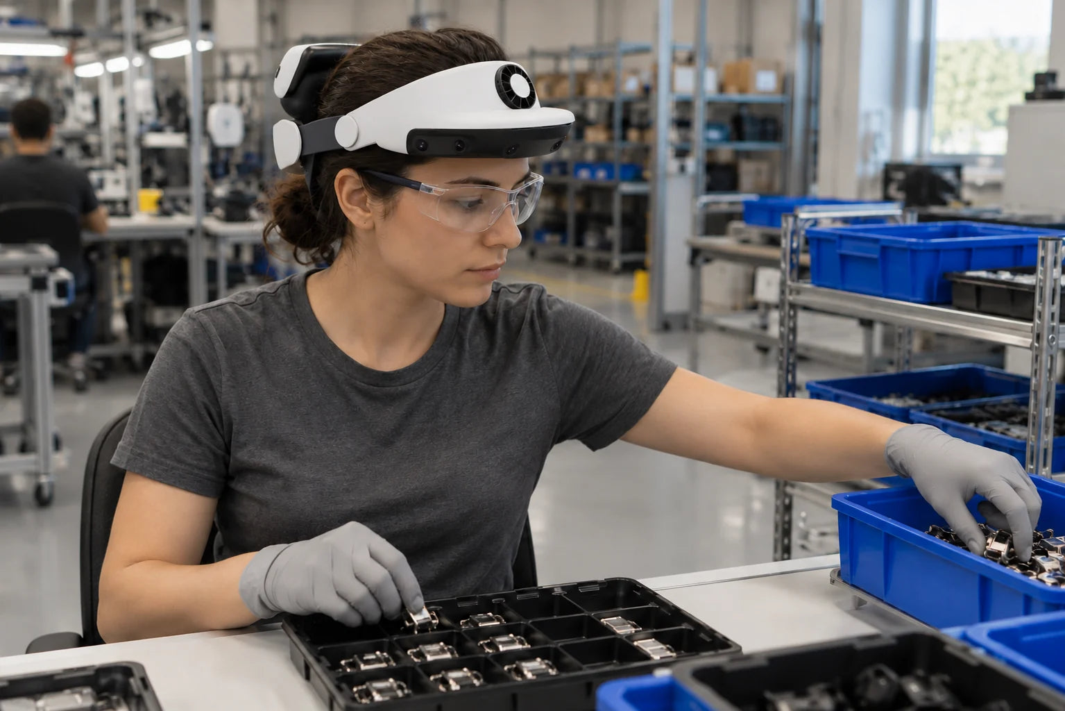 An operator wearing EGO Capture with safety glasses at a workbench: the shell sits on the forehead, the battery at the back of the head